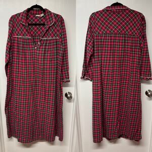 LL Bean Womens Long Flannel Night Dress Gown Red Green White Plaid Size Medium